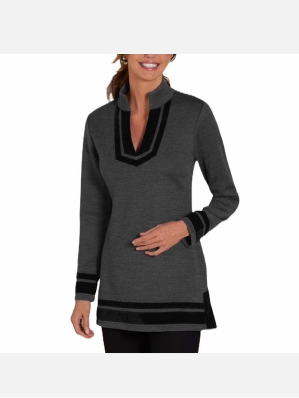 Soft Surroundings Runway Charcoal V-Neck Tunic Sweater with Black Trim Size PXL